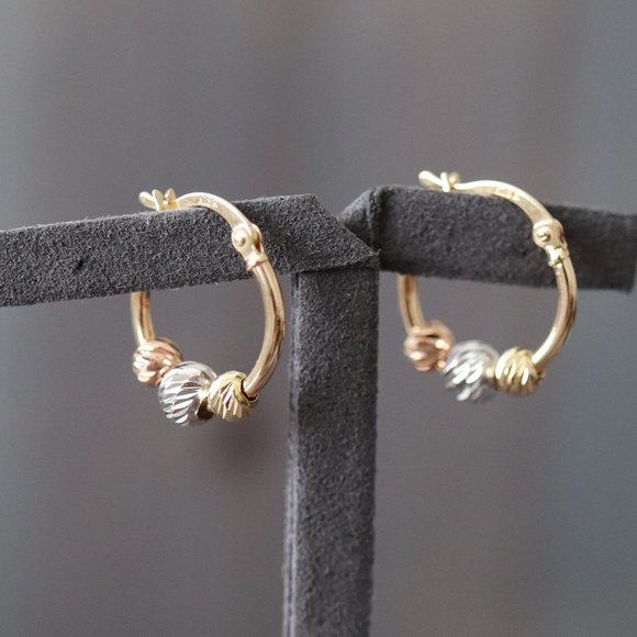 Real Gold 18K Yellow Gold 13mm TriColor Bead Huggie Hoop Earrings Fine Jewelry